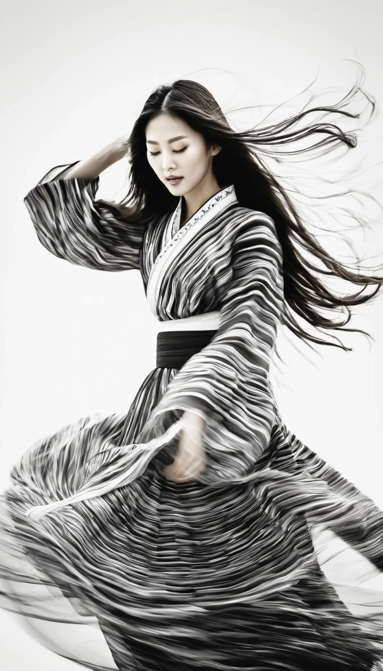 in style of Street photography, beautiful detailed，Motion blur, black and white close up, white background, a woman in an intricate and colorful hanbok dress, spinning frantically, translucent stinging air particles on the hem of the dress, professional fashion photography, super macro, unusually rich and super detailed texture of long wavy hair, poster style, minimalist , tilt shift of hands and face, Nikon, Hasselblad, Canon, Fuji, 16K
