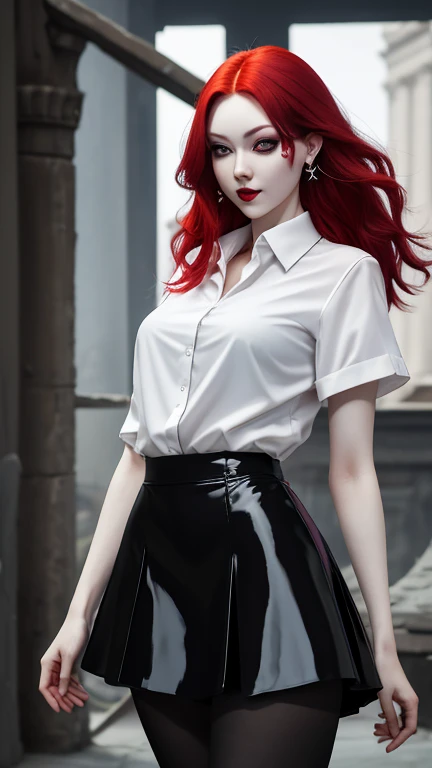 Ultra realistic, 16k, best quality, high resolution, 1 girl, 17 years old, long red hair, evil eyes look, pale white skin, flushed cheeks, cute face, gothic makeup, earrings, transparent shirt, sexy black latex skirt, medium detailed hot breasts, slender tall hot body, sexy smile, sensual posture, full-length sexy pantyhose, Battle ruins, wide hips, thick legs, torn clothes, blurred background, depth, dream aesthetic, dream atmosphere, cinematic lighting.