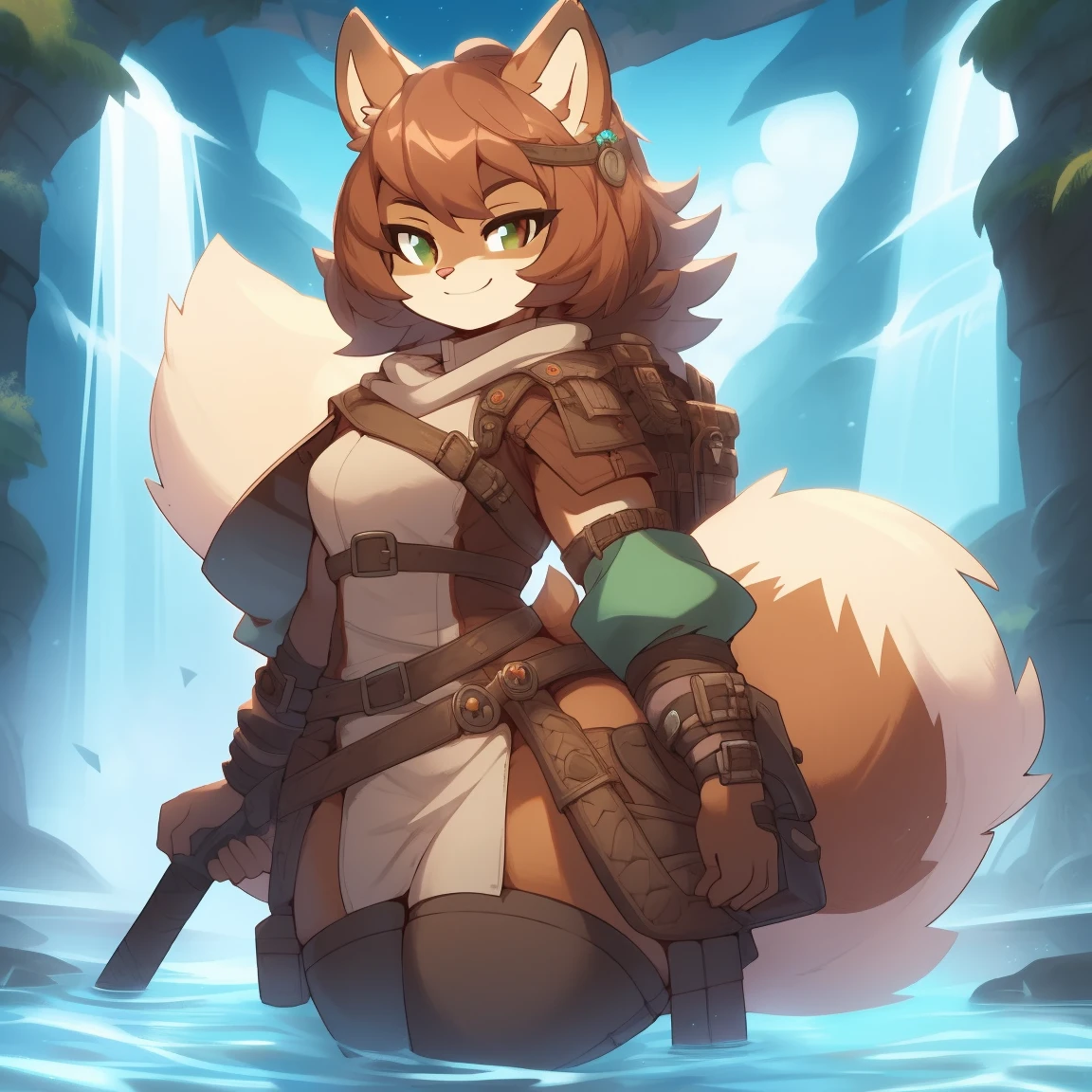 Best quality, Super detailed illustration, (fluffy squirrel boy:1.4), solo, female, feminine face and body, disheveled thick hair, adventurer equipment, smug smile, half-closed eyes, tomboy, wide hips, thicc, hourglass figure, huge butt, DND style