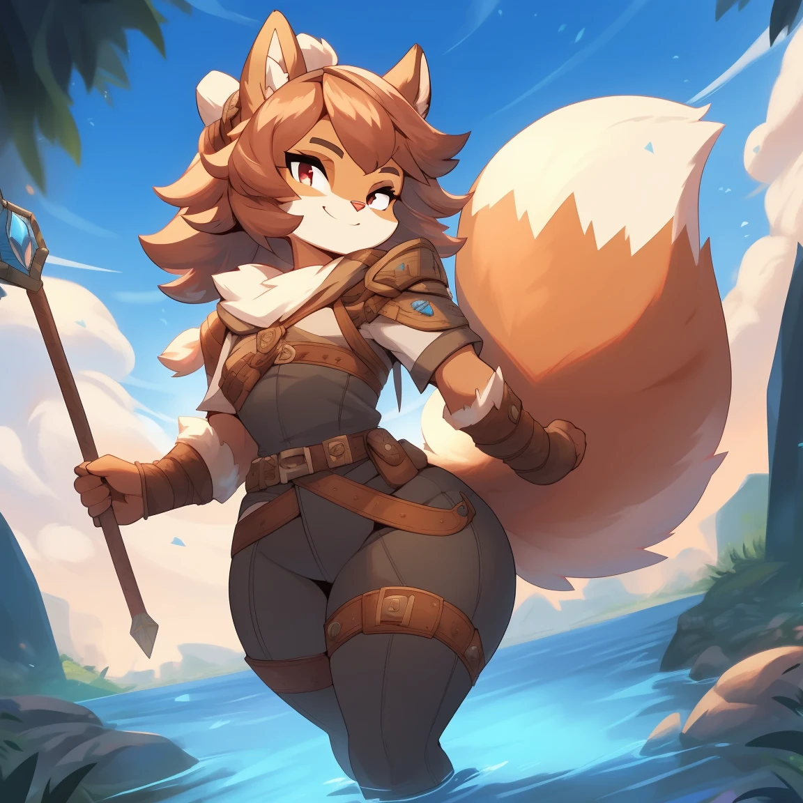 Best quality, Super detailed illustration, (fluffy squirrel boy:1.4), solo, female, feminine face and body, disheveled thick hair, adventurer equipment, smug smile, half-closed eyes, tomboy, wide hips, thicc, hourglass figure, huge butt, DND style