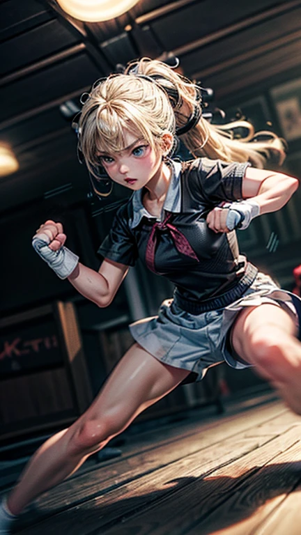 #quality(8k wallpaper of extremely detailed CG unit, ​masterpiece, hight resolution, top-quality, top-quality real texture skin,hyper realisitic, digitial painting,increase the resolution,RAW photosbest qualtiy,highly detailed,the wallpaper),solo,a jk girl is punching you by her bare fist very hard,#1girl(cute, kawaii,small kid,hair floating,messy hair,blonde hair,long hair,messy hair,pony tail hair,skin color white,eye color blue,eyes shining,big eyes,breast,angry,punching you by her fist,dynamic pose,dynamic angle), BREAK ,#fist(motion blur on fist:2.0),#background(school,),(when drawing the hand please draw them very correctly for sure),[nsfw]