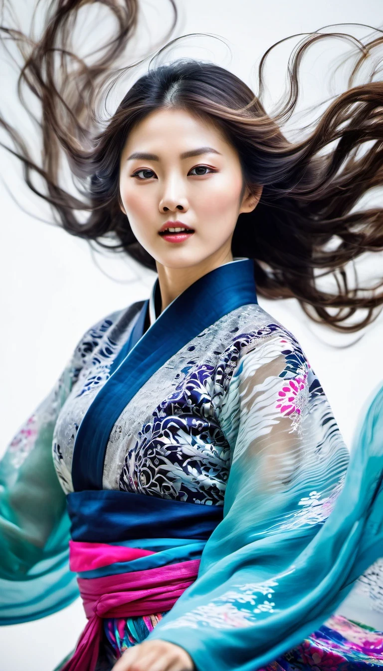 in style of Street photography, beautiful detailed，Abnormally stunning beautiful face，Motion blur, black and white close up, white background, a woman in an intricate and colorful hanbok dress, spinning frantically, translucent stinging air particles on the hem of the dress, professional fashion photography, super macro, unusually rich and super detailed texture of long wavy hair, poster style, minimalist , tilt shiStreet style, beautifully detailed, motion blur, black and white close-up, blue background, a woman in an intricate and colorful hanbok, spinning frantically, translucent tingling air particles on the hem of her dress, professional fashion photography, super macro, long wavy hair with unusually rich and super-detailed textures, poster style, minimalist, tilted movement of hands and face, Nikon, Hasselblad, Canon, Fuji, 16Kft of hands and face, Nikon, Hasselblad, Canon, Fuji, 16K
