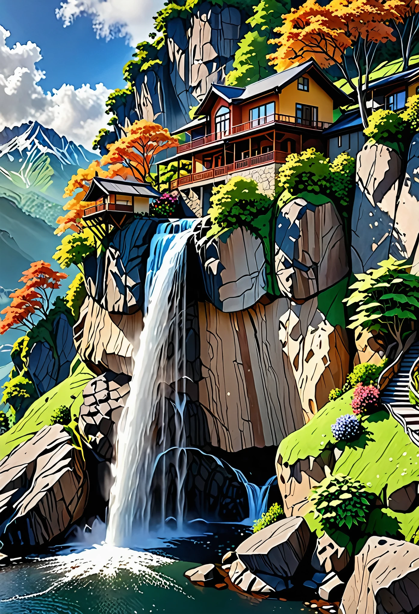 Ein atemberaubendes Bild eines Wasserfalls, der eine Bergkette hinabstürzt.、Ein malerisches Haus auf einer senkrechten Klippe、Eine große Inspiration für vertikale Tapeten。Dieses 4K- und 8K-Meisterwerk、Das kristallklare Wasser des Wasserfalls fließt anmutig den Berg hinunter.、Weil es eine dramatische und ästhetisch ansprechende Szene schafft、Präsentieren Sie die komplizierten Details malerischer Hintergründe。Feine Linien und Texturen werden präzise wiedergegeben.、Es hat eine matte Oberfläche, die das realistische und immersive Gefühl betont。Das Haus ist in warmen Farben dekoriert.、Dekoriert mit wunderschönen Gärten und Kaminrauch, der sanft die kühle Bergluft weht.、Fügt sich nahtlos in die Umgebung ein