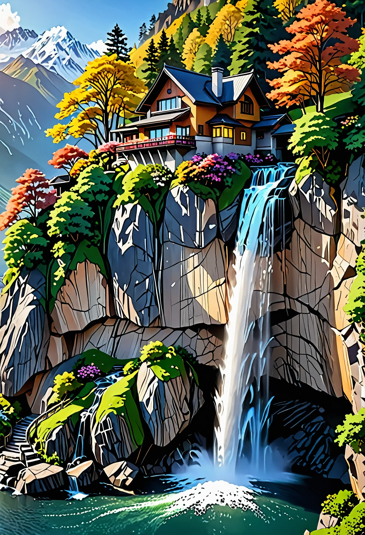 Ein atemberaubendes Bild eines Wasserfalls, der eine Bergkette hinabstürzt.、Ein malerisches Haus auf einer senkrechten Klippe、Eine große Inspiration für vertikale Tapeten。Dieses 4K- und 8K-Meisterwerk、Das kristallklare Wasser des Wasserfalls fließt anmutig den Berg hinunter.、Weil es eine dramatische und ästhetisch ansprechende Szene schafft、Präsentieren Sie die komplizierten Details malerischer Hintergründe。Feine Linien und Texturen werden präzise wiedergegeben.、Es hat eine matte Oberfläche, die das realistische und immersive Gefühl betont。Das Haus ist in warmen Farben dekoriert.、Dekoriert mit wunderschönen Gärten und Kaminrauch, der sanft die kühle Bergluft weht.、Fügt sich nahtlos in die Umgebung ein