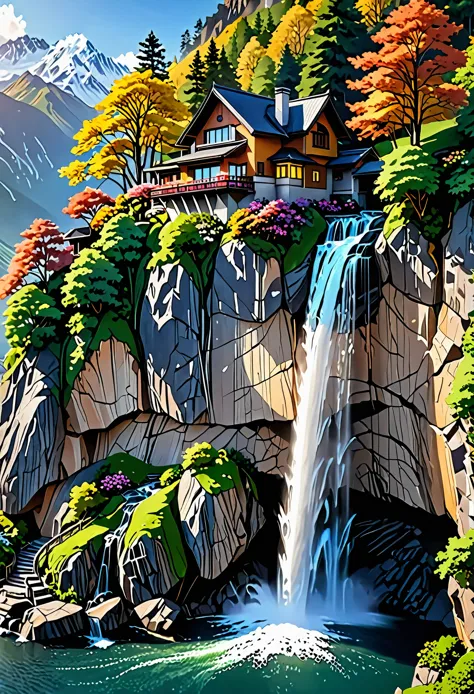 a breathtaking picture of a waterfall cascading down a mountain range.、a quaint house built on a vertical cliff、a big inspiratio...