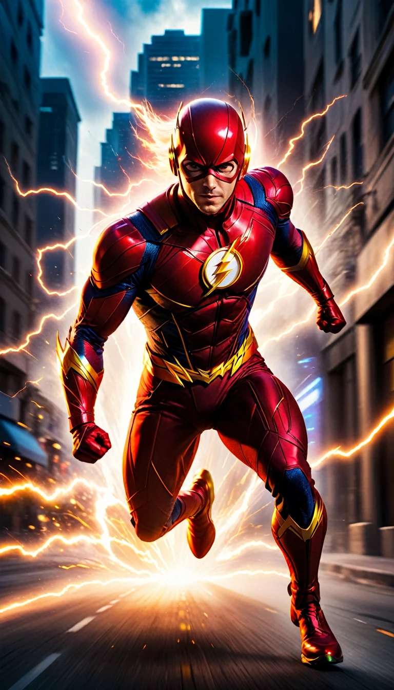(best quality,4k,8k,highres,masterpiece:1.2),ultra-detailed,(realistic,photorealistic,photo-realistic:1.37),motion blur,DC's Flash,running fast,speed,blur,superhero,red suit, lightning effect, vibrant colors, intense energy, dust particles, dynamic pose, determined expression, lightning bolt, superhero emblem, dynamic action, power, strength, agility, intense focus, wind-blown hair, streaks of light, electrifying background, light trails, superheroic motion, streaking across the city, adrenaline-filled scene