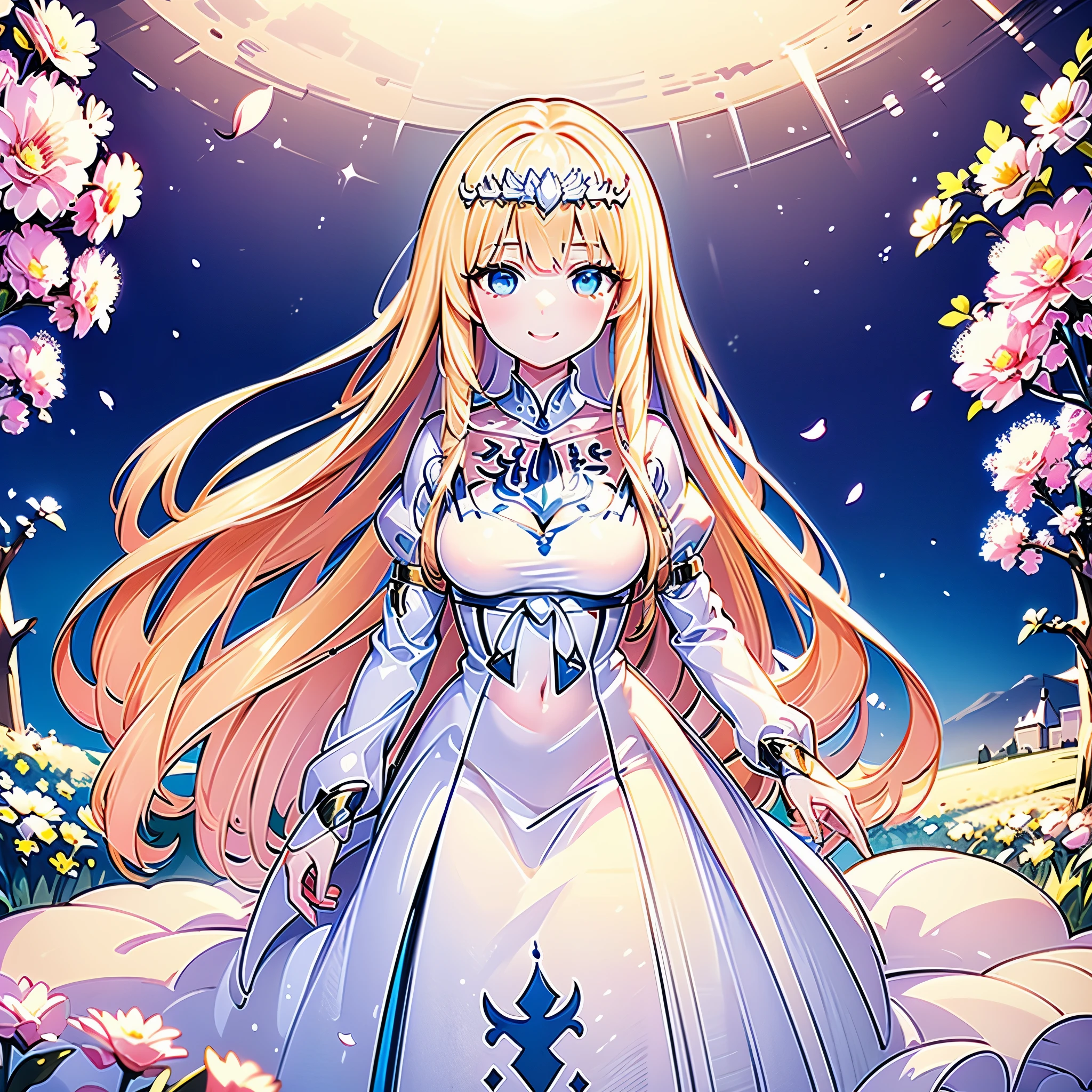 masterpiece, best quality, ultra-detailed, illustration, , Girl, Solo, , petals dance, smile, flower, spring, have a bouquet, 1girl, solo, Calca, Calca Bessarez, blonde hair, extremely long hair, very long hair, white tiara, white dress, blue eyes, medium chest