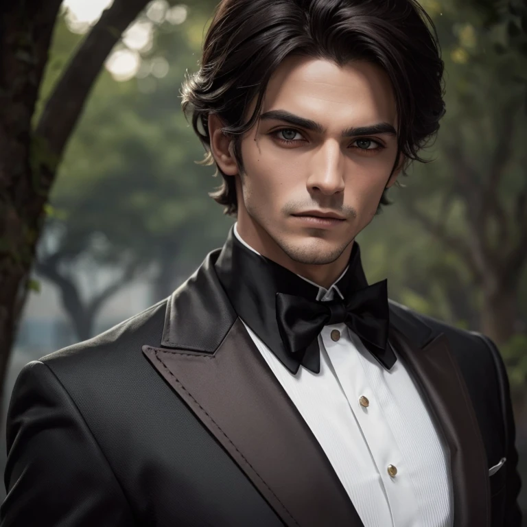 male anthropomorphic vampire, con una melena larga y ondulada, of a dark brown that frames his pale face. Sus ojos, del mismo tono que su cabello, destellan con una mirada penetrante y arrogante, mientras que su piel, libre de imperfecciones y sin rastro de vello facial, refleja su naturaleza inmortal. A pesar de su estatura imponente de 1.83 metros, se mueve con gracia y elegancia, always dressed in fine, well-cut clothes that denote his refined taste for the classic. Bajo su ojo izquierdo, a small mole, como un sello distintivo, adds a touch of mystery to its enigmatic appearance."