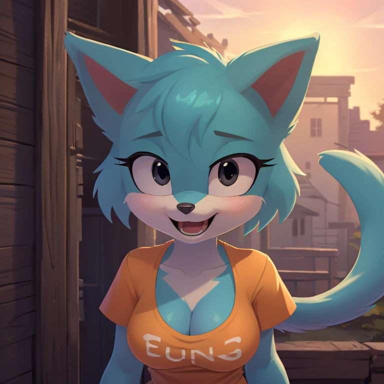 (mobian), solo, 1girl, (mobian cat, (turquoise body fur), black eyes, whiskers, bob haircut, small breasts, cleavage, tall girl, long tail, white belly fur, open mouth, wide eyes, excited, playful, face focus, orange shirt, orange t-shirt, black trackpants, close up, pov, masterpiece, best quality, ultra-detailed, cinematic lighting, beautiful lighting, detailed background