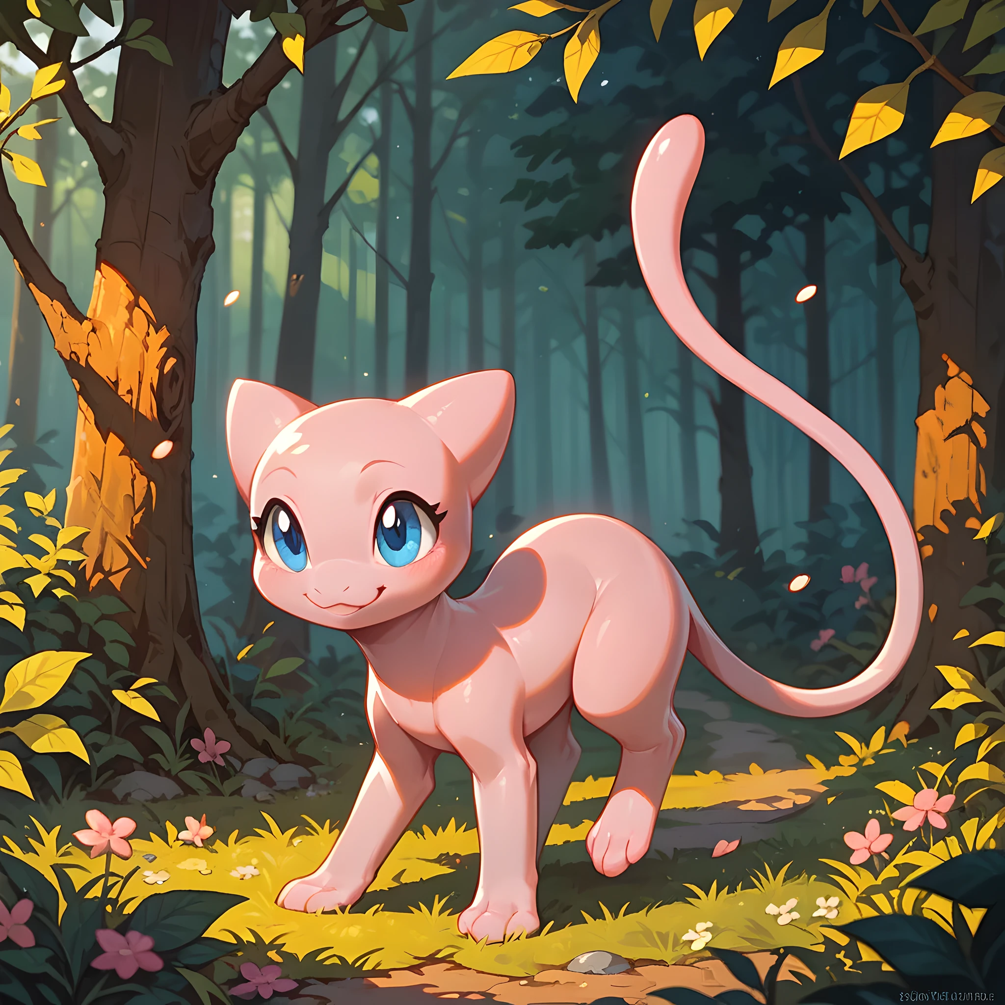 score_9, score_8_up, score_7_up, mew pokemon, cute, smile, forest