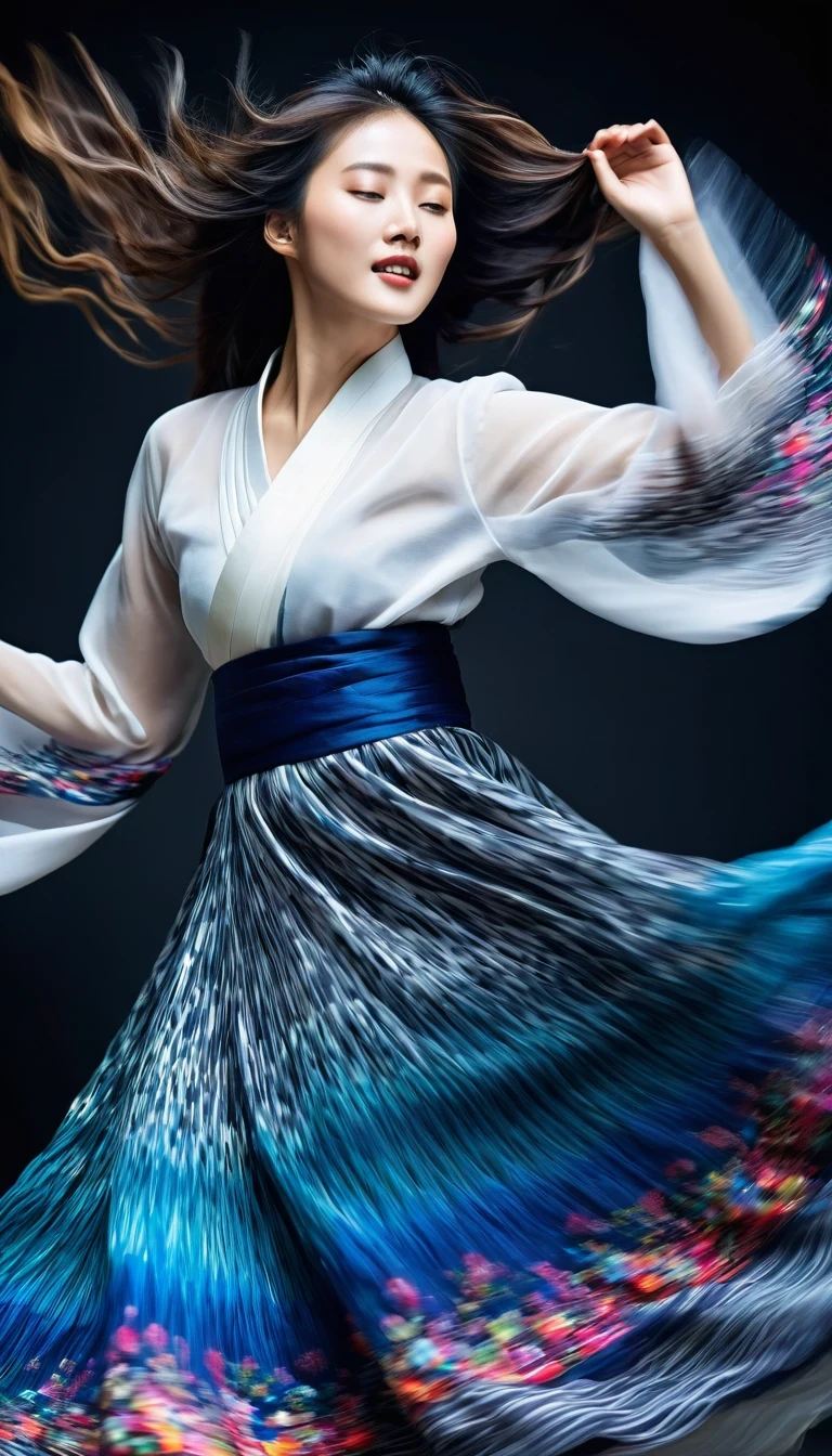 in style of Street photography, beautiful detailed，Motion blur, black and white close up, white background, a woman in an intricate and colorful hanbok dress, spinning frantically, translucent stinging air particles on the hem of the dress, professional fashion photography, super macro, unusually rich and super detailed texture of long wavy hair, poster style, minimalist , tilt shiStreet style, beautifully detailed, motion blur, black and white close-up, blue background, a woman in an intricate and colorful hanbok, spinning frantically, translucent tingling air particles on the hem of her dress, professional fashion photography, super macro, long wavy hair with unusually rich and super-detailed textures, poster style, minimalist, tilted movement of hands and face, Nikon, Hasselblad, Canon, Fuji, 16Kft of hands and face, Nikon, Hasselblad, Canon, Fuji, 16K，background：Dark
