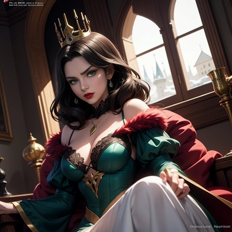 anime artwork of sharp detailed cinematic film look of Evil Queen, a woman dressed as evil queen with red lips and green eyes staring at camera in a dark room in a castle 1500s 15th century, anime style, key visual, vibrant, studio anime, highly detailed, Disney's Wicked Queen from Snow White. 