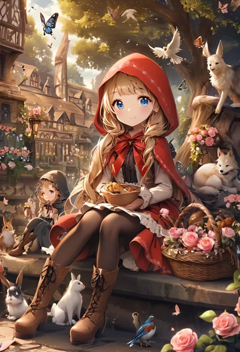 little red riding hood \(grimm\), flower, blonde hair, boots, blue eyes, butterfly, rose, rabbit, bug, pantyhose, pink rose, bir...