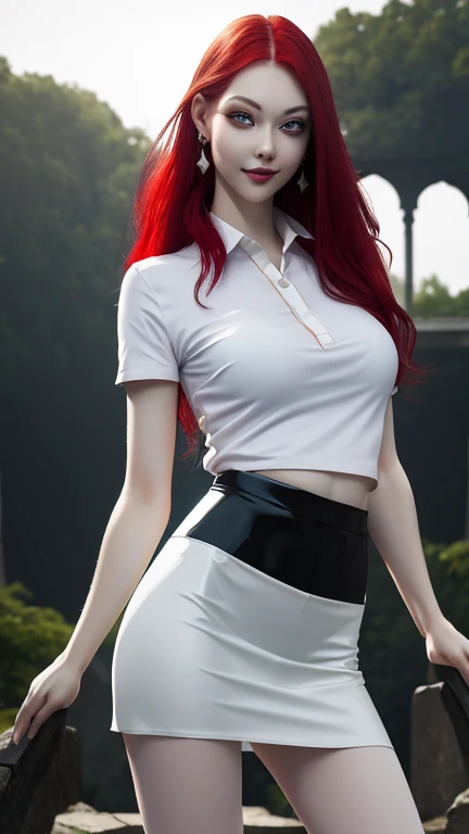 Ultra realistic, 16k, best quality, high resolution, 1 girl, 17 years old, long red hair, sexy eyes look, pale white skin, flushed cheeks, earrings, transparent shirt, sexy black latex skirt, medium detailed hot breasts, slender tall hot body, sexy smile, sensual posture, full-length sexy pantyhose, Battle ruins, wide hips, thick legs, torn clothes, blurred background, depth, dream aesthetic, dream atmosphere, cinematic lighting.