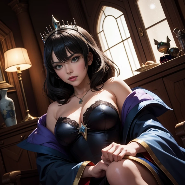 anime artwork of sharp detailed cinematic film look of Fubuki as an Evil Queen, Fubukidressed as evil queen staring at camera in a dark room in a castle 1500s 15th century, anime style, key visual, vibrant, studio anime, highly detailed, Disney's Wicked Queen from Snow White. 