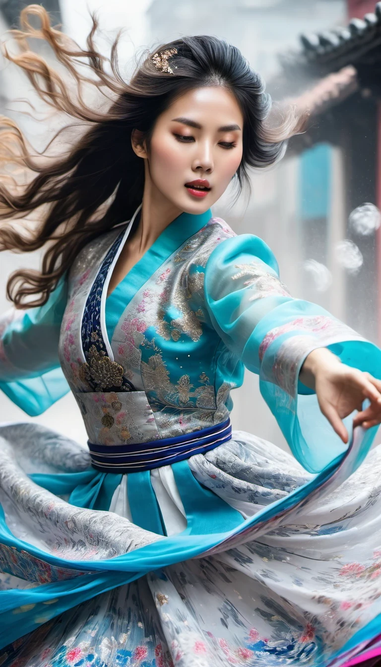 in style of Street photography, beautiful detailed，Abnormally stunning beautiful face，Motion blur, black and white close up, white background, a woman in an intricate and colorful hanbok dress, spinning frantically, translucent stinging air particles on the hem of the dress, professional fashion photography, super macro, unusually rich and super detailed texture of long wavy hair, poster style, minimalist , tilt shiStreet style, beautifully detailed, motion blur, black and white close-up, blue background, a woman in an intricate and colorful hanbok, spinning frantically, translucent tingling air particles on the hem of her dress, professional fashion photography, super macro, long wavy hair with unusually rich and super-detailed textures, poster style, minimalist, tilted movement of hands and face, Nikon, Hasselblad, Canon, Fuji, 16Kft of hands and face, Nikon, Hasselblad, Canon, Fuji, 16K
