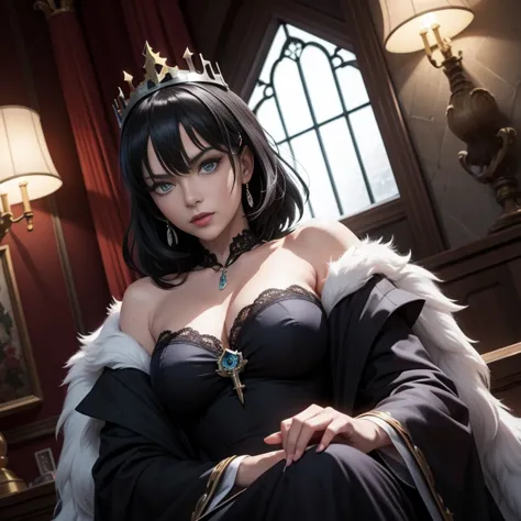 anime artwork of sharp detailed cinematic film look of fubuki as an evil queen, fubukidressed as evil queen staring at camera in...