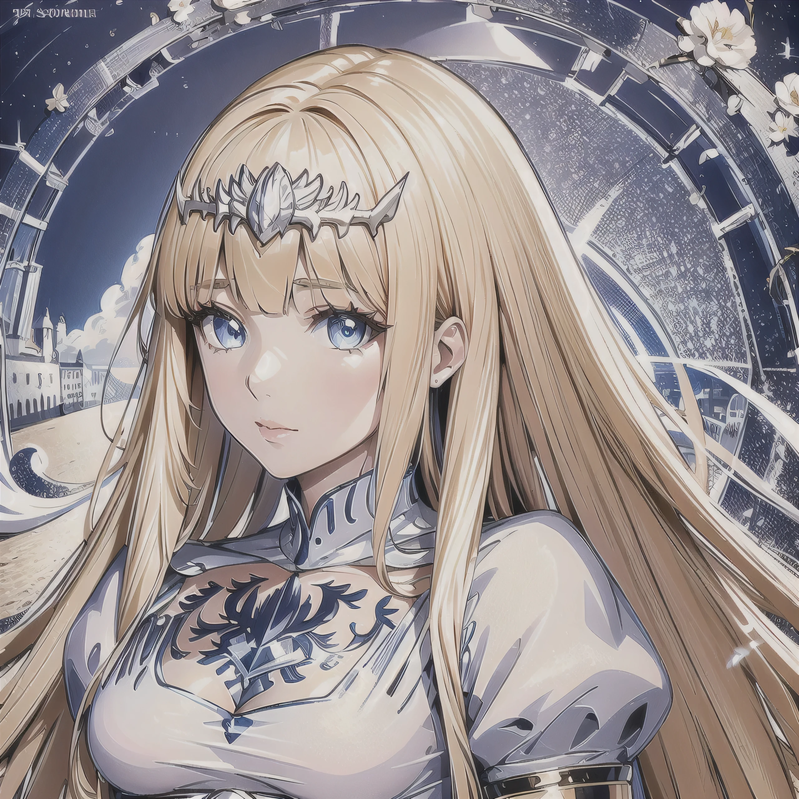 Masterpiece, Best Quality, Official Art, Beautiful, Lively Textures, Unique Visuals, Spectacular Details, Very Detailed CG, Solidarity Cooperation, 8K Wallpapers, Extremely Beautiful Eyes, Best Quality, Details First, Super Delicate, High Quality, 1girl,solo, Calca, Calca Bessarez, blonde hair, extremely long hair, very long hair, white tiara, silver tiara, white dress, light blue eyes, medium chest