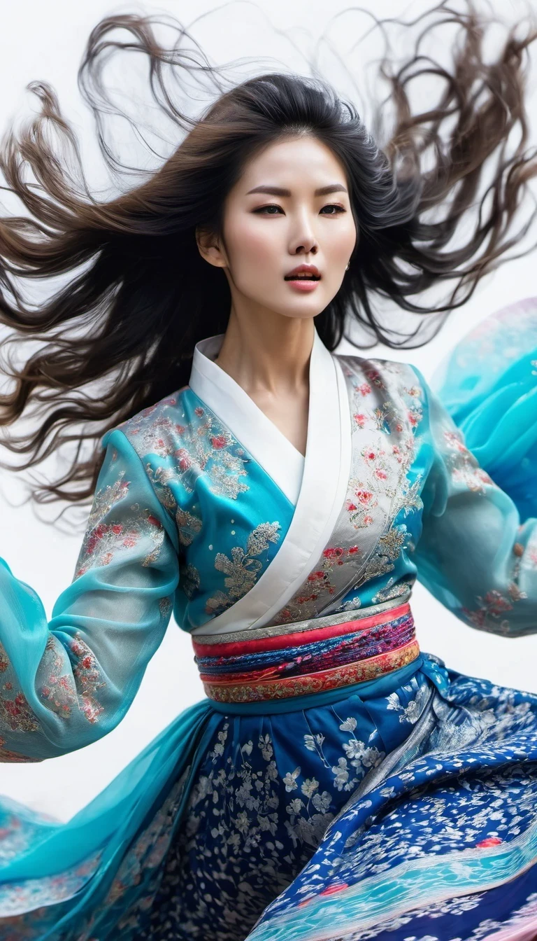 in style of Street photography, beautiful detailed，Abnormally stunning beautiful face，Motion blur, black and white close up, white background, a woman in an intricate and colorful hanbok dress, spinning frantically, translucent stinging air particles on the hem of the dress, professional fashion photography, super macro, unusually rich and super detailed texture of long wavy hair, poster style, minimalist , tilt shiStreet style, beautifully detailed, motion blur, black and white close-up, blue background, a woman in an intricate and colorful hanbok, spinning frantically, translucent tingling air particles on the hem of her dress, professional fashion photography, super macro, long wavy hair with unusually rich and super-detailed textures, poster style, minimalist, tilted movement of hands and face, Nikon, Hasselblad, Canon, Fuji, 16Kft of hands and face, Nikon, Hasselblad, Canon, Fuji, 16K
