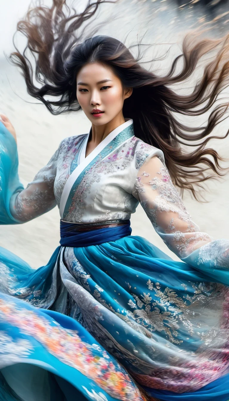 in style of Street photography, beautiful detailed，Abnormally stunning beautiful face，Motion blur, black and white close up, white background, a woman in an intricate and colorful hanbok dress, spinning frantically, translucent stinging air particles on the hem of the dress, professional fashion photography, super macro, unusually rich and super detailed texture of long wavy hair, poster style, minimalist , tilt shiStreet style, beautifully detailed, motion blur, black and white close-up, blue background, a woman in an intricate and colorful hanbok, spinning frantically, translucent tingling air particles on the hem of her dress, professional fashion photography, super macro, long wavy hair with unusually rich and super-detailed textures, poster style, minimalist, tilted movement of hands and face, Nikon, Hasselblad, Canon, Fuji, 16Kft of hands and face, Nikon, Hasselblad, Canon, Fuji, 16K
