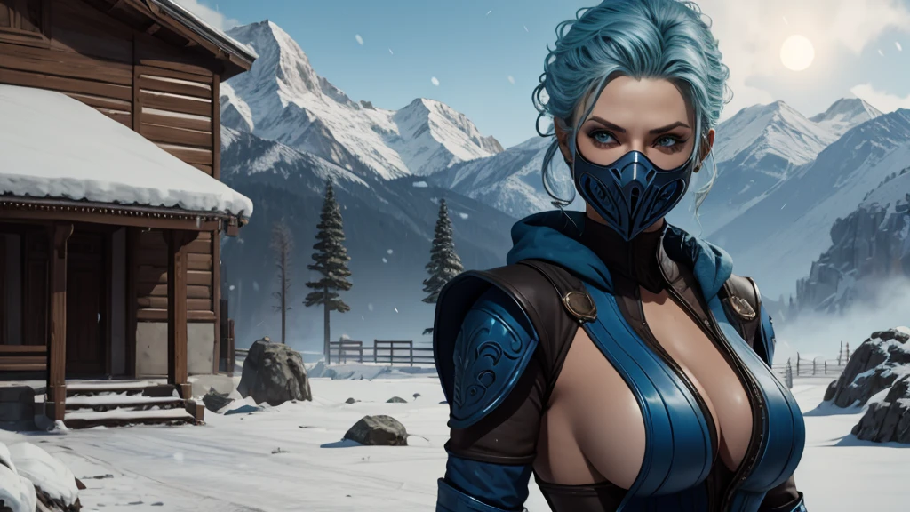 frost character woman mortal kombat armageddon blue ninja outfit blue half face mask huge cleavage side breasts strong abdomen strong arm icy hair cold skin menacing eyes looking forward landscape snow temple lin kuei 