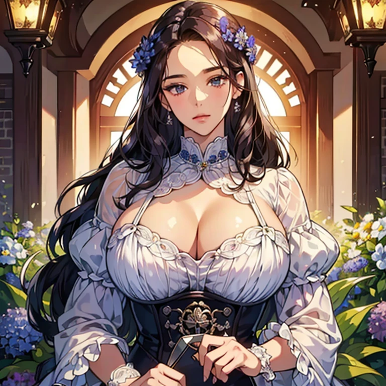 ,8k, High resolution, Ultra-detailed, beautiful, masterpiece, highest quality, very beautiful woman, Jung, dunkel blouse hair, Cornflower, scissors, flower shop, (Very large breasts:1.30), (Round hair:1.10), detailed woman&#39;s face, Very attractive, Im Flowersladen, Flowers