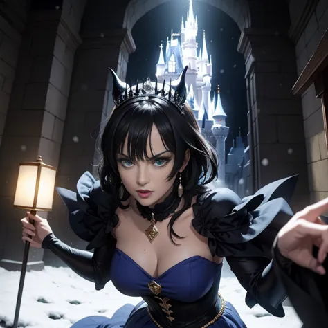 anime artwork of sharp detailed cinematic film look of Fubuki as an Evil Queen, Fubukidressed as evil queen staring at camera in...