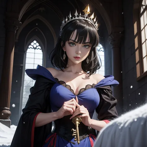 anime artwork of sharp detailed cinematic film look of Fubuki as an Evil Queen, Fubuki dressed as evil queen staring at camera i...