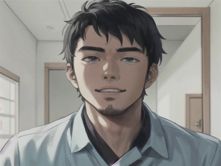 There is a man standing in front of a door, Anime handsome man, Animated portrait of a handsome man, he has a happy expression on his face, Kentaro Miura manga art style, Tall blue eyed anime guy, kentaro miura art style, painted in an anime painter studio, Kentaro Miura manga style, In the style of Makoto Shinkai, made with anime painter studio