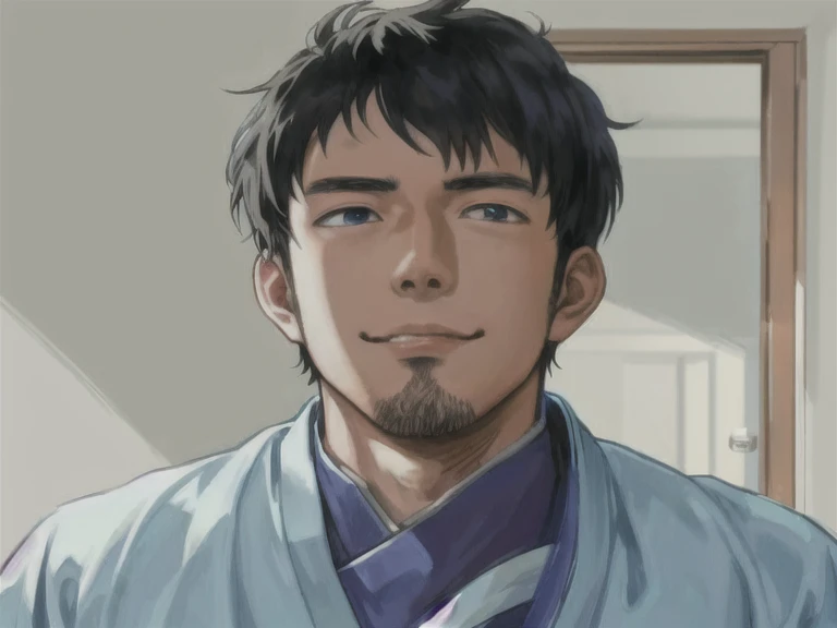 There is a man standing in front of a door, Anime handsome man, Animated portrait of a handsome man, he has a happy expression on his face, Kentaro Miura manga art style, Tall blue eyed anime guy, kentaro miura art style, painted in an anime painter studio, Kentaro Miura manga style, In the style of Makoto Shinkai, made with anime painter studio