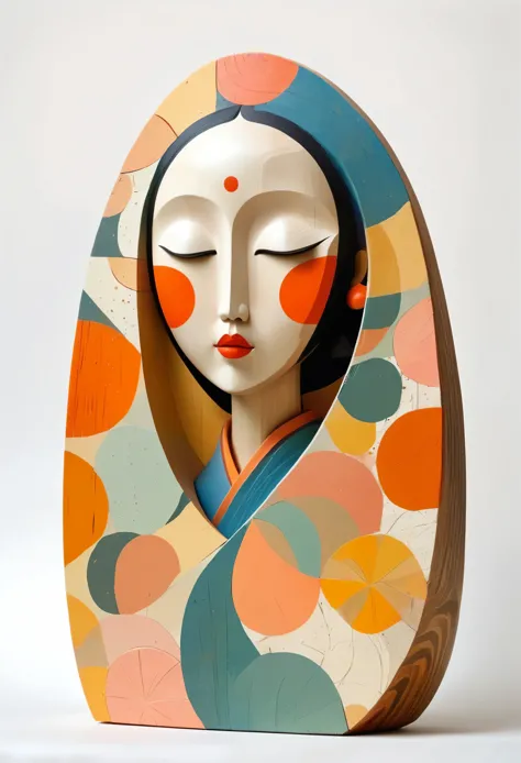Colorful sculptures of Asian women painted in earthy tones, Rough texture，Stale，Wearing a floral dress, White background, John K...