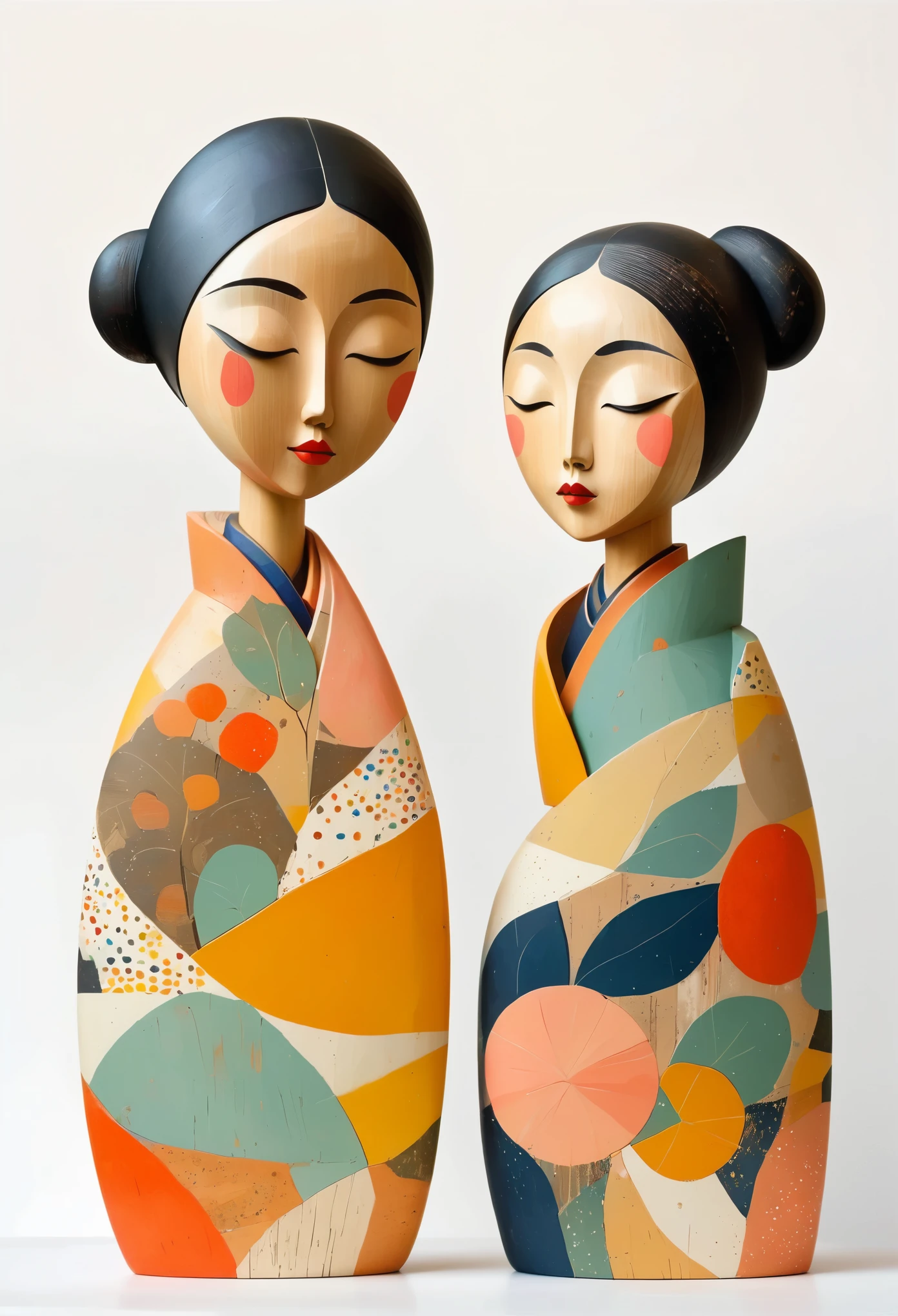 Sculptures colorées de femmes asiatiques peintes dans des tons terreux, Texture rugueuse，Vicié，Porter une robe à fleurs, fond blanc, Jean Cours&#39;le style. Couleurs EArrangei et Morandi, formes organiques, motifs géométriques, Le style de Shu Uemura. Gouttes de peinture sur des figures en bois de style Matisse. style cubisme, art Déco, personnages pop surréalistes, illustrations d&#39;inspiration folklorique, Palette de couleurs pastel, bright fond blanc, Pas d&#39;ombre.