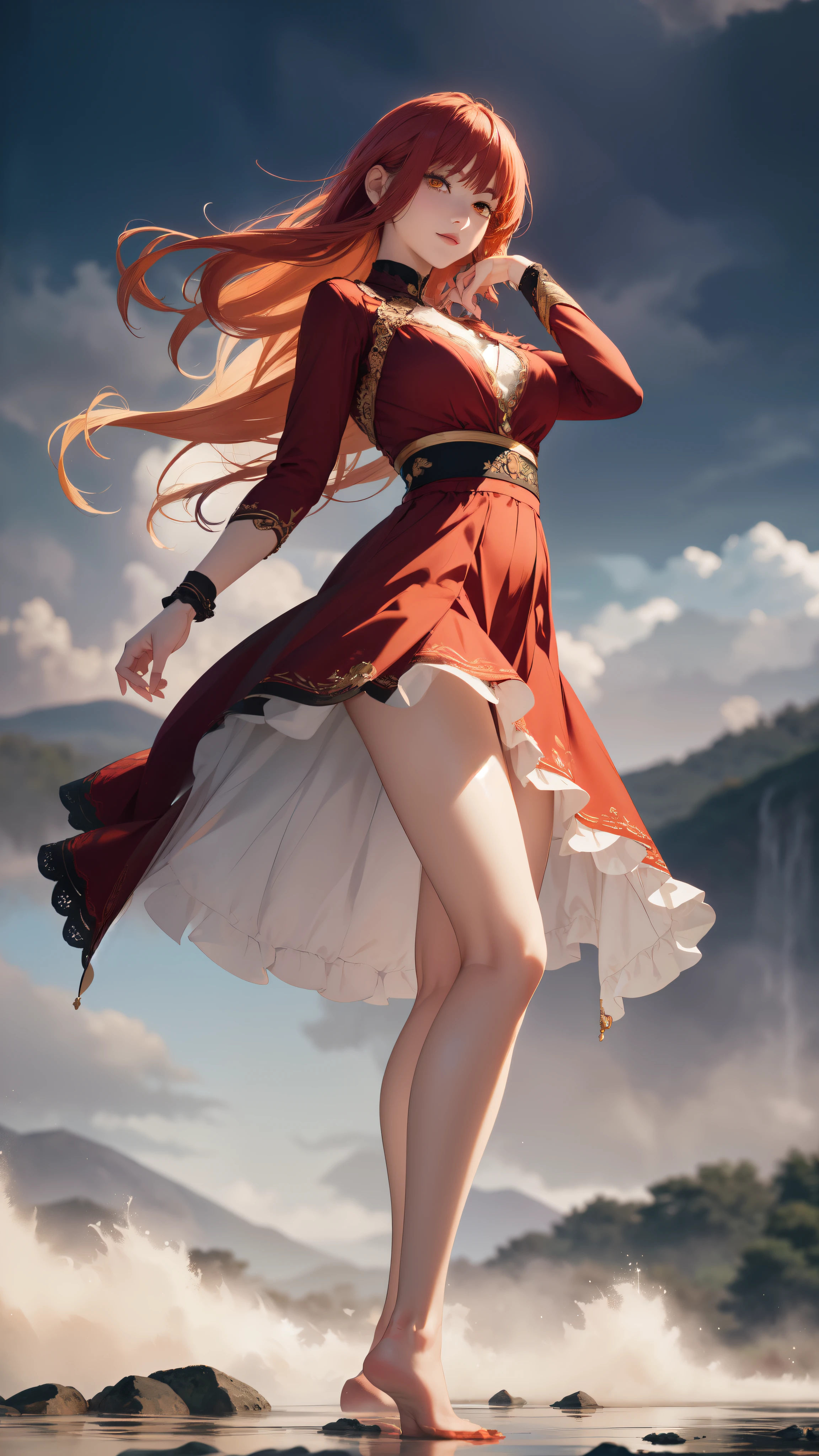 ((masterpiece, Best Quality, high resolution, Perfect Pixel, 8K))), 1 girl、medium thighs、full body seen、 ((Red gorgeous hairs))、(( Beautiful eyelashes、Realistic eyes))、 ((Detailed face, Blushing:1.2))、((Smooth texture:0.75, Realistic texture:0.65, Photorealistic:1.1, Anime CG style))、Dynamic Angle、(Wearing White shrug、red top、red salong skirt、beautiful dress、Sexy straps、Lace satin、Mini dress、Standing on a river stream、Looking somewhere for poses、beautiful river stream、beautiful fog appearance、river stream、beautiful mountains、Beautiful lightening、perfect posing、wind breeze、hands on her hairs waving、wavy hairs、walking forward)、Perfect realistic representation of face、seducing look at viewer、medium breasts、beautiful portrait、very High quality、ultra high definition、 insanely detailed face、ultra high quality、ultra high clarity、best quality)、insanely detailed dress、realistic representation of a face、beautiful curvious body、Beautiful feet、white skin、best image quality、best clarity、 highest resolution、8k resolution、ultra high resolution、beautiful smile、beautiful eyelashes、Gorgeous face、gorgeous representation of a face、perfect body、erotic face、dynamic lightning、shiny skin、bokeh:1.2、Full body shot、professional photograph