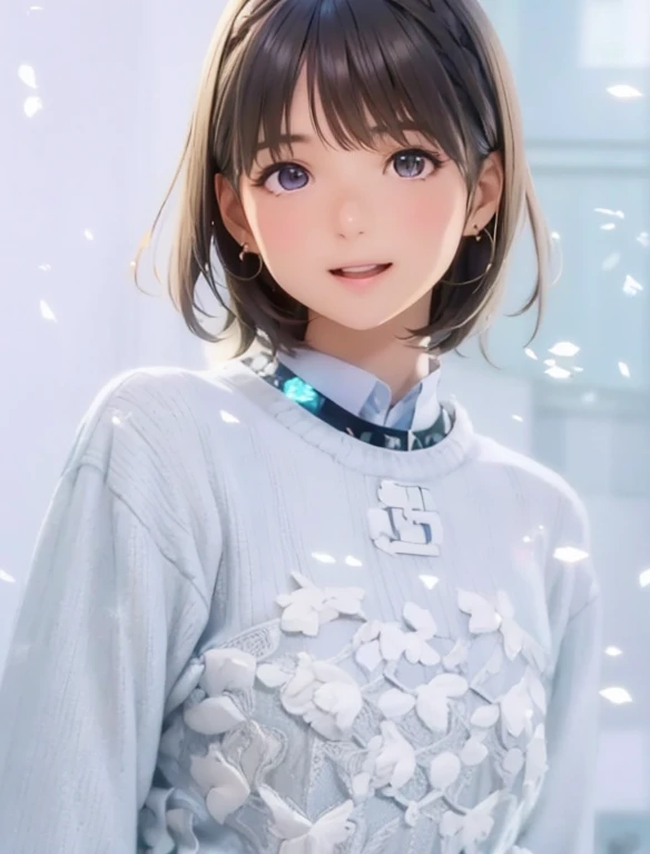 High resolution,In 8K,highest quality,detailed,Semi-realistic anime,Anime 3D Style,Smooth anime CG,One Girl,19-year-old woman in Japan,slim,Modeled,Shiny brown hair,Medium Hair,detailedな顔,Beautiful and detailed,Glowing Skin,Dark chocolate brown sweater,Earrings,straggling hair,Angelic hairstyle,Small breasts,Watching the audience,Laughing with mouth open