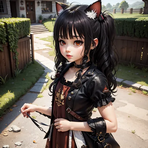 1chica, ,long hair slightly wavy slightly past the shoulders, black bangs, small black pigtails on the sides, cute cat ears, bea...