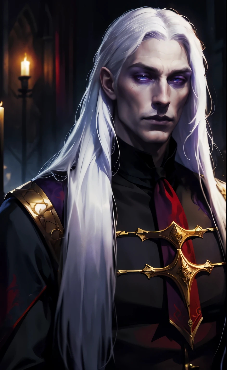 Dark Fantasy, Middle Ages, Targaryen, prince, man, with long straight white hair, pale skin, purple eyes, scar on nose, strong build, black lips, face looks like Luke Goss, in a red doublet with gold buckles.