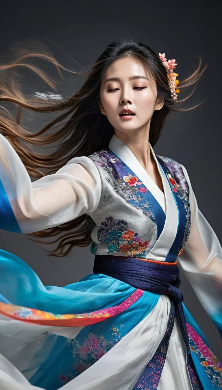 Motion blur, black and white close up, white background, a woman in an intricate and colorful hanbok dress, spinning frantically, translucent stinging air particles on the hem of the dress, professional fashion photography, super macro, unusually rich and super detailed texture of long wavy hair, poster style, minimalist , tilt shiStreet style, beautifully detailed, motion blur, black and white close-up, blue background, a woman in an intricate and colorful hanbok, spinning frantically, translucent tingling air particles on the hem of her dress, professional fashion photography, super macro, long wavy hair with unusually rich and super-detailed textures, poster style, minimalist, tilted movement of hands and face, Nikon, Hasselblad, Canon, Fuji, 16Kft of hands and face, Nikon, Hasselblad, Canon, Fuji, 16K，background：Dark in style of Street photography, beautiful detailed，