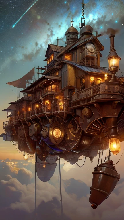 imagem de fundo, Céu estrelado, steampunk, Edifício flutuante, engrenagem, cano, lâmpadas 