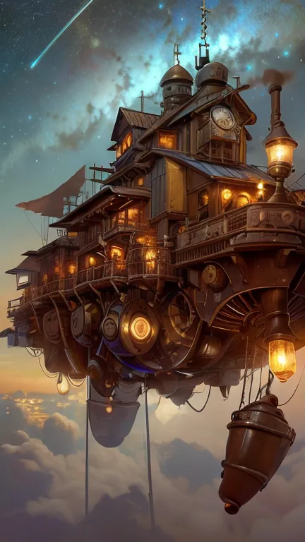 Background picture, starry sky, steampunk, floating building, gear, pipe, bulbs 