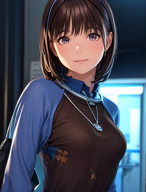 High resolution,In 8K,highest quality,detailed,Semi-realistic anime,Anime 3D Style,Smooth anime CG,One Girl,19-year-old woman in Japan,slim,Modeled,Shiny brown hair,Medium Hair,detailedな顔,Beautiful and detailed,Glowing Skin,Dark chocolate brown sweater,Earrings,straggling hair,Angelic hairstyle,Small breasts,Watching the audience,Laughing with mouth open,eyelids are closed