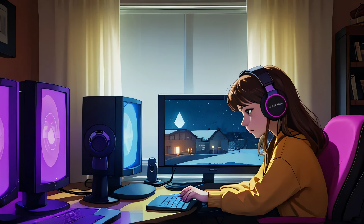 Abonnieren, 1 girl, sideways, Tippen, braune Haare, braune Augen, Stuhl, Computer, headphones, inside rooms, Tastatur_\(Computer\), Laptop, Monitor, Maus_\(Computer\), Monitor, curtains, Nacht, Fenster, lila Hintergrund