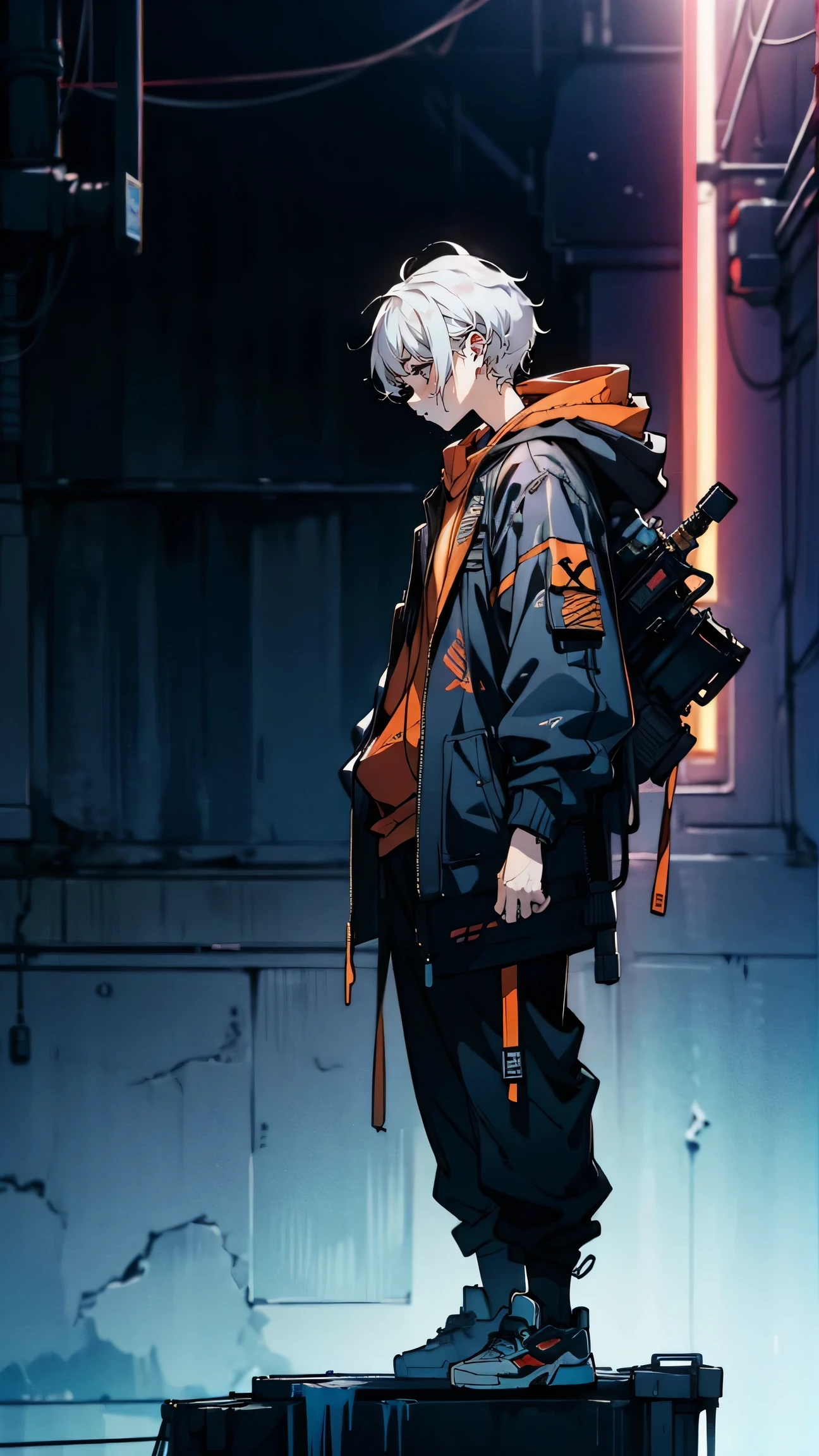 Boy, white hair, detailed eyes, detailed face, on the edge of a building, neon lights,(cyberpunk:1), (techwear hoodie:1), full body,(side angle view:1)