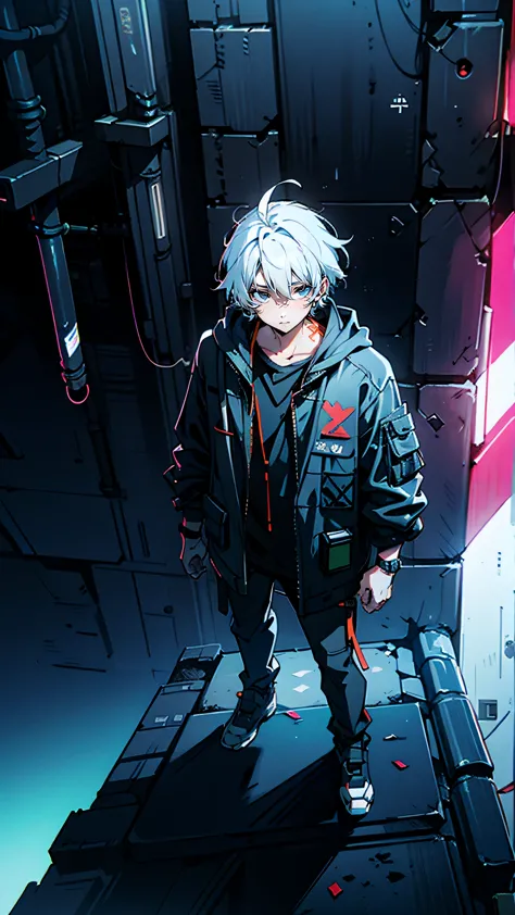 Boy, white hair, detailed eyes, detailed face, on the edge of a building, neon lights,(cyberpunk:1), (techwear hoodie:1), full b...