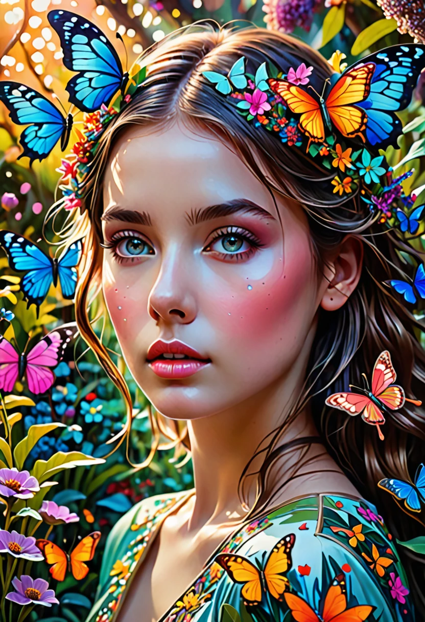 a girl close up, glowing shinny eyes with ultra long eyelashes, in a surreal and intricate garden of infinite possibilities, lost in a chaotic and unpredictable world, surrounded by vibrant and mesmerizing colors. The garden is filled with unique and peculiar plants and creatures, creating a sense of wonder and curiosity. 
The girl has deep and expressive eyes that are beautifully detailed, capturing the essence of her emotions and thoughts. Her lips are also beautifully detailed, reflecting her innermost desires and dreams. She has an aura of mystery and intrigue, drawing people towards her. Her face is extremely detailed, with long eyelashes that add to her captivating presence.

The garden is made with the highest level of craftsmanship, resembling a masterpiece of art. It combines various mediums such as illustrations, oil paintings, and 3D renderings, creating a visually stunning and immersive experience.

Every corner of the garden is filled with ultra-detailed elements, from the intricate textures on the petals of flowers to the fine details on the wings of butterflies. The level of detail is so high that it feels almost realistic and photorealistic. The colors are vivid and vibrant, with neon highlights that add a touch of excitement and futuristic aesthetics.

As the girl wanders through the garden, she is surrounded by an epic and complex landscape. The sky is filled with an abundance of stars, creating an ethereal and dream-like atmosphere. The transition between day and night is captured in the end of the sunset, where the colors blend harmoniously, creating a sense of tranquility and serenity.
This ultra HD artwork is a true masterpiece, capturing the essence of the girl's journey through the garden of random wonders. It is a visual representation of the infinite possibilities that lie within our dreams and the beauty that can be found in the most unexpected places.