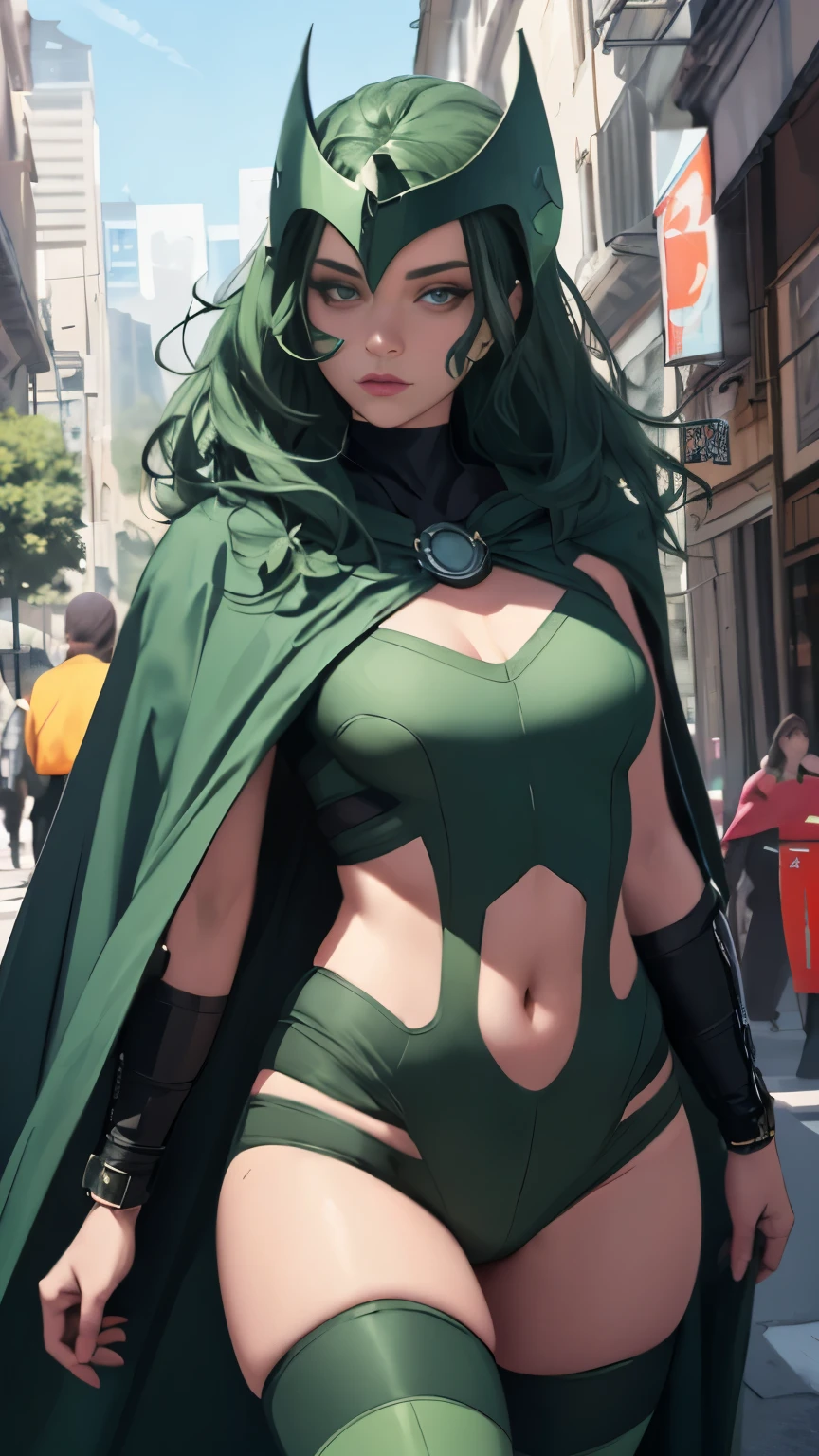 (Highly quality, masterpiece, detailed), city detailed scenario, city detailed background, 20 years old girl, solo, Polaris, bodysuit, cape, helmet, crop top, thigh highs, navel, perfect face, beautiful eyes, looking at the viewer, Sexy pose