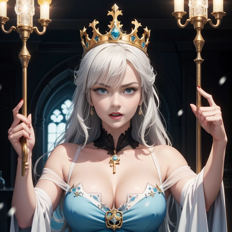 Anime artwork is clear and detailed，Presenting a movie-like image of the Snow Queen, 15th century，15th century，Fubuki dressed as the evil queen，Staring at the camera in a dark room in the castle, anime style, key point, Energetic, Studio anime, Very detailed, Disney《snow White》The Queen. 