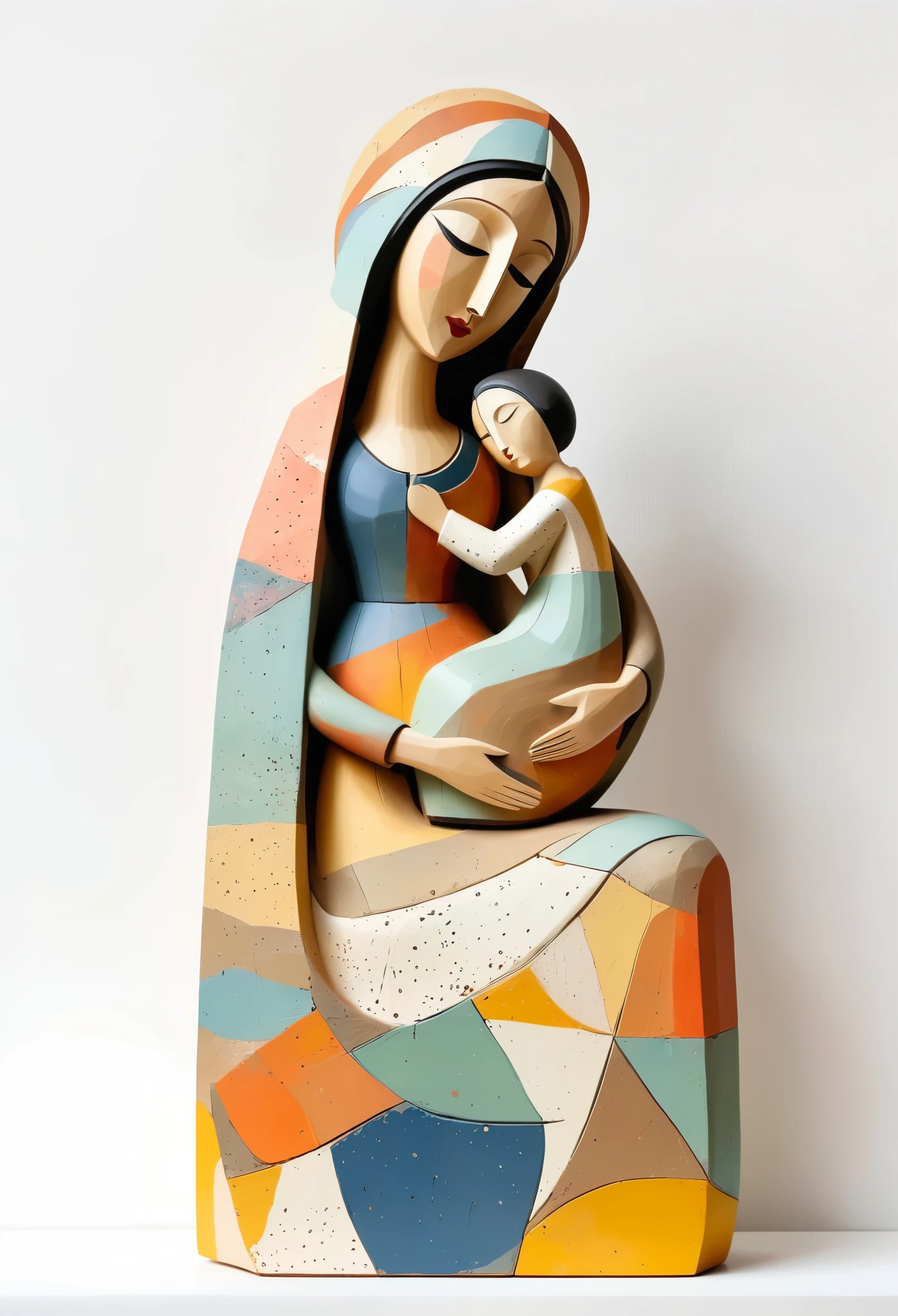 (masterpiece, best quality:1.2), Statue of the Virgin, child，color，Painted in earthy tones，With subtle patterns and textures，Invoking Ancient Wisdom. Focus on the face，With depth of field and bokeh effects. This is a high resolution image，Complex details，The background is dark，Soft lighting, style of. 
