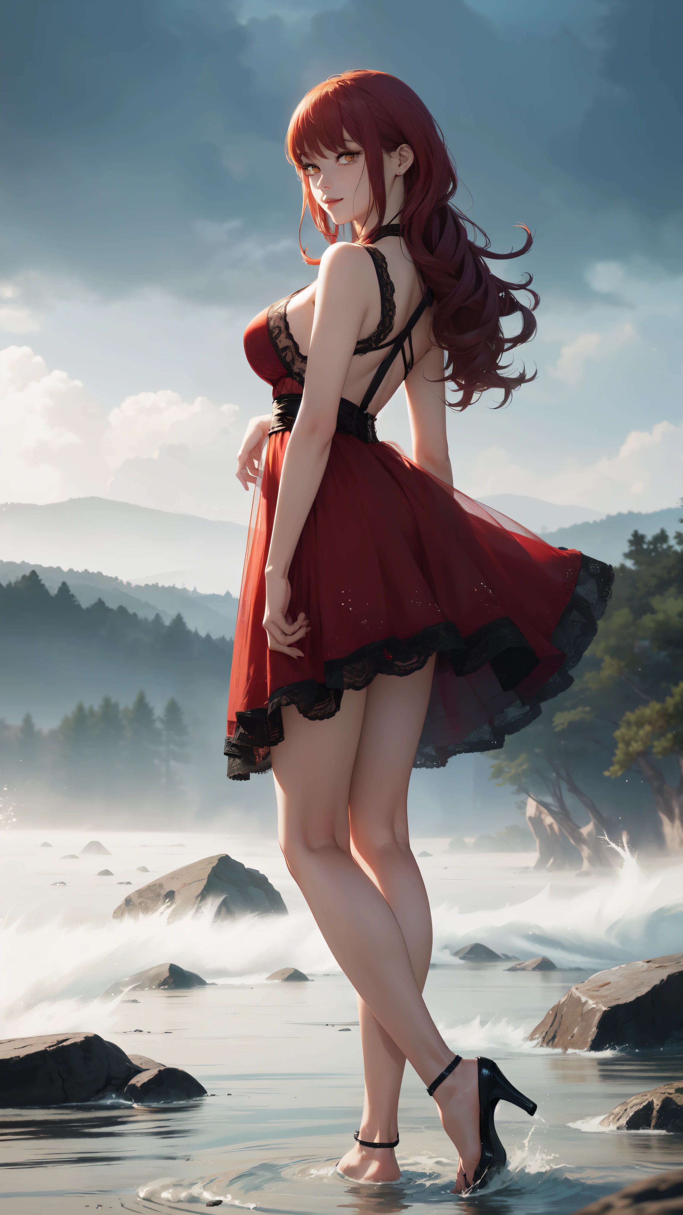 ((masterpiece, Best Quality, high resolution, Perfect Pixel, 8K))), 1 girl、medium thighs、full body seen、 ((Red gorgeous hairs))、(( Beautiful eyelashes、Realistic eyes))、 ((Detailed face, Blushing:1.2))、((Smooth texture:0.75, Realistic texture:0.65, Photorealistic:1.1, Anime CG style))、Dynamic Angle、(Wearing White shrug、 red and white line top、red salong skirt、beautiful dress、Sexy straps、Lace satin、Mini dress、Standing on a river stream、Looking somewhere for poses、beautiful river stream、beautiful fog appearance、water waves、 river stream、beautiful mountains、Beautiful lightening、perfect posing、wind breeze、hands on her hairs waving、wavy hairs、walking forward)、Perfect realistic representation of face、seducing look at viewer、medium breasts、beautiful portrait、very High quality、ultra high definition、 insanely detailed face、ultra high quality、ultra high clarity、best quality)、insanely detailed dress、realistic representation of a face、beautiful curvious body、Beautiful feet、white skin、best image quality、best clarity、 highest resolution、8k resolution、ultra high resolution、beautiful smile、beautiful eyelashes、Gorgeous face、gorgeous representation of a face、perfect body、erotic face、dynamic lightning、shiny skin、bokeh:1.2、Full body shot、professional photograph