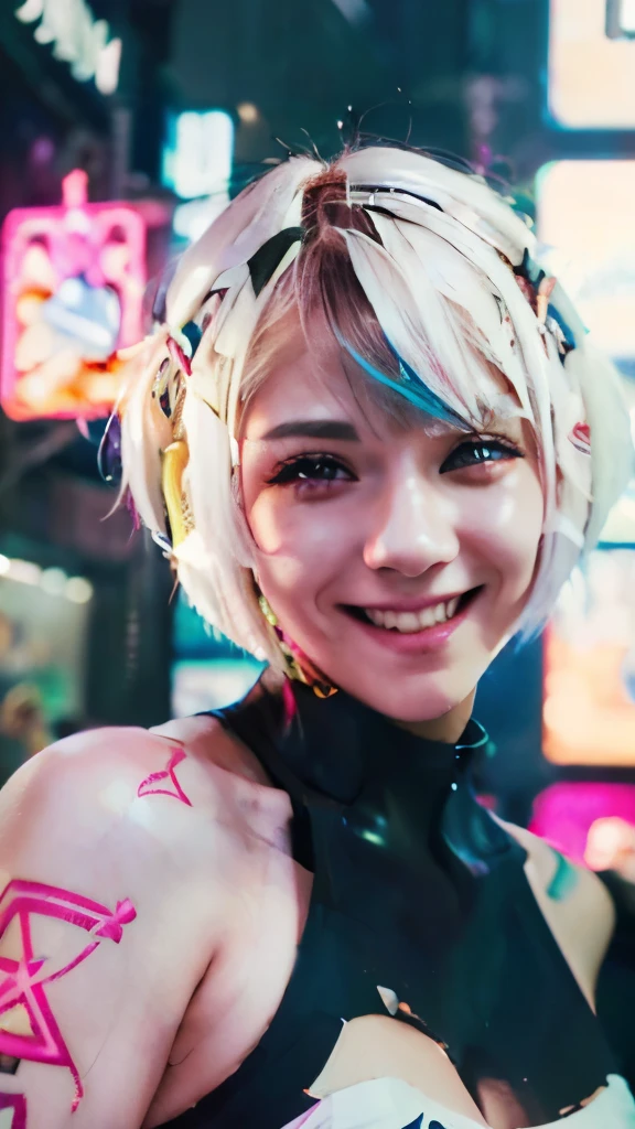 A colorful Bob cut haired punk girl, smooth white skin, innocent look, 15 years old, Ultra high res, uhd, (photorealistic:1.4), cyberpunk outfit, winking, smiling ear to ear, neon lighting