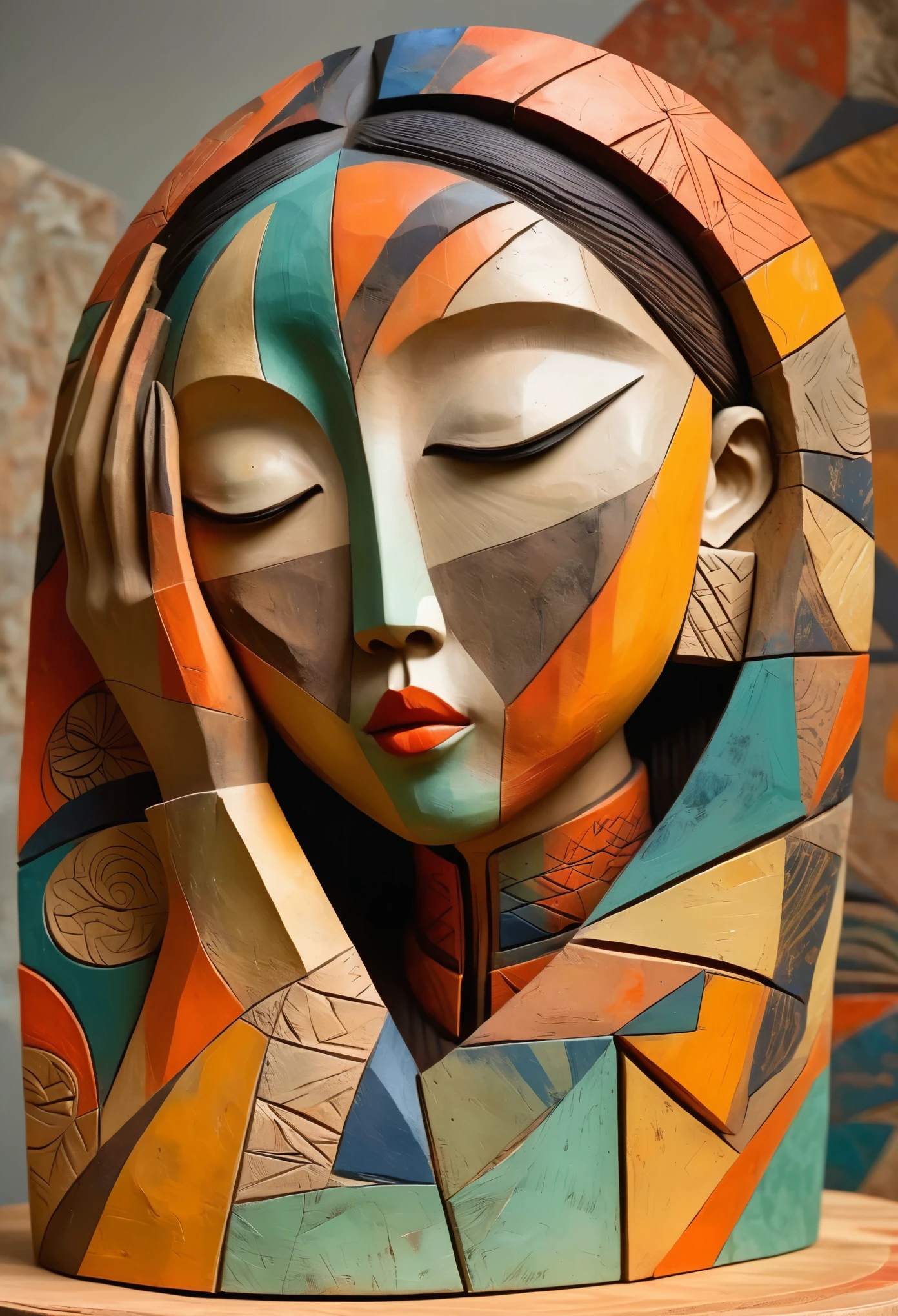 Artesanato 3D，Escultura，Escultura colorida de uma mulher asiática com as mãos no rosto, pintada em tons terrosos, textura áspera，Sempre， formas orgânicas, padrões geométricos, estilo cubismo, Art Deco, ,, paleta de cores pastel,